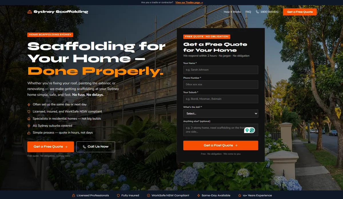 Sydney Scaffolding homeowners website homepage