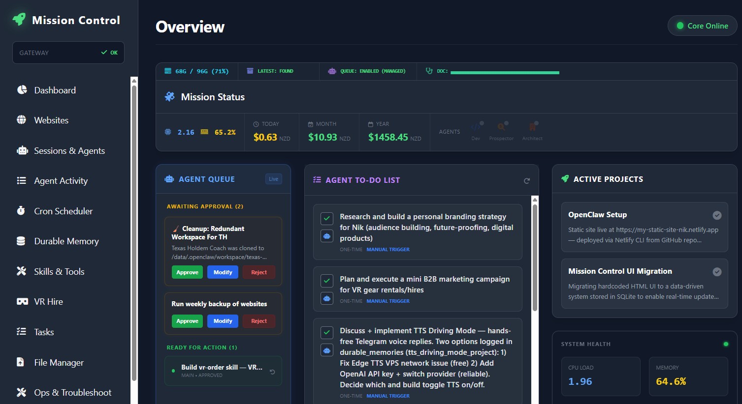 Operations Hub dashboard showing agent queues, tasks, active projects and system health